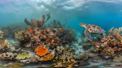 Naklejka premium A sea turtle gliding over a coral reef in the Florida Keys, colorful corals and fish softly blurred in the background