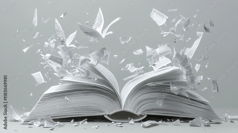 Poster whimsical flight of a floating book enchanted library digital art dreamy atmosphere aerial perspecti
