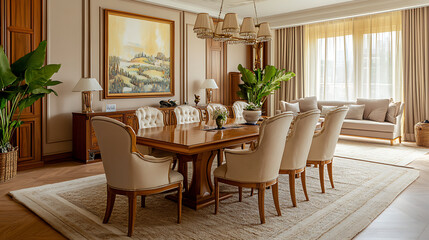 Wooden dining table on woven rug, beige sofa in classic home interior design of modern living room