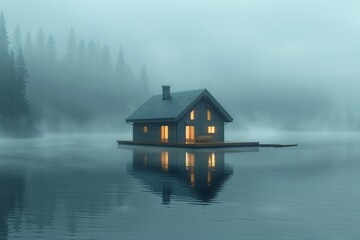 Obraz premium A serene floating house surrounded by mist, reflecting on the calm water, creating a tranquil atmosphere at dawn.