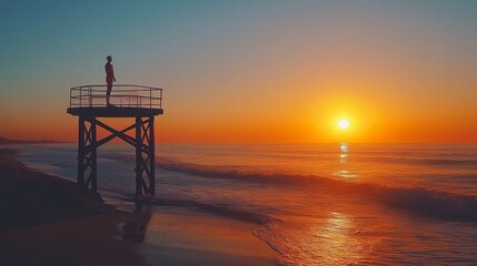 Against the backdrop of a breathtaking sunset, a lifeguard keeps watch from a tower on the beach. Waves gently lap at the shore as the sky transforms into a canvas of warm colors