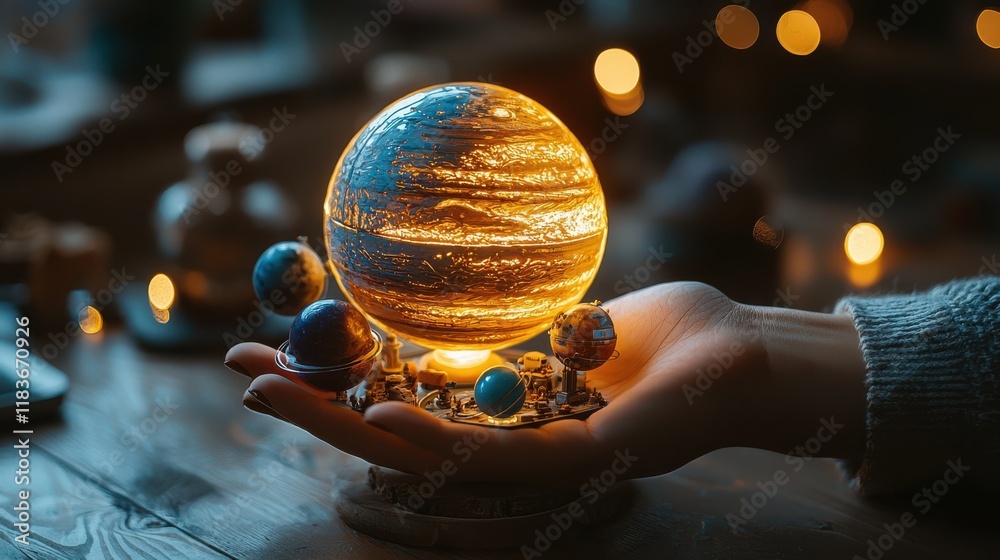 Poster holding a glowing orb of miniature planets in a mystical setting digital art indoor close-up cosmic 