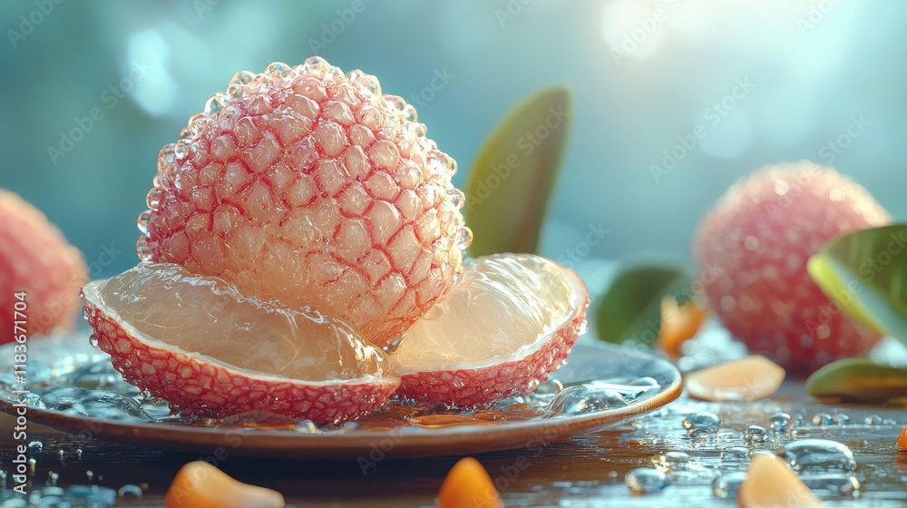 Aufkleber Exploring the delicate lychee fruit unveiling its outer shell and juicy interior in a natural setting