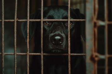 A stray black dog in a shelter stares at the camera Clear image
