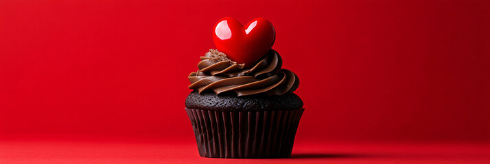 Chocolate cupcake muffin with a red heart on a red background. Banner template for love, sweets, backdrop, and cards for party, birthday and Valentine's day with place for text.