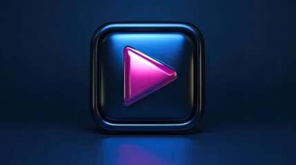 Glowing Pink Play Button on Dark Blue Square
