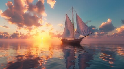 Fototapeta premium A serene sailing boat gliding across calm waters at sunset, reflecting vibrant colors of the sky.