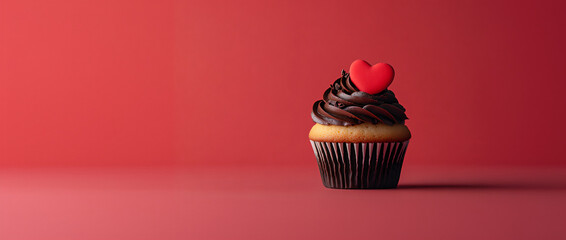 Vanilla cupcake muffin with a red heart on a red background. Banner template for love, sweets, backdrop, and cards for party, birthday and Valentine's day with place for text.