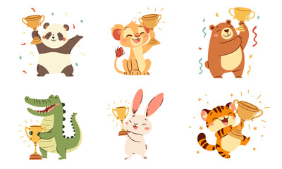 Naklejka premium Cute animal winners, panda bunny crocodile tiger lion and bear rejoice and hold winner's cups, confetti. Set of flat vector illustrations in simple children's style on white background . Vector