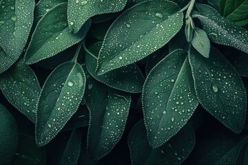 Fototapeta premium Abstract background of green sage leaves with water droplets fresh and macro flat lay