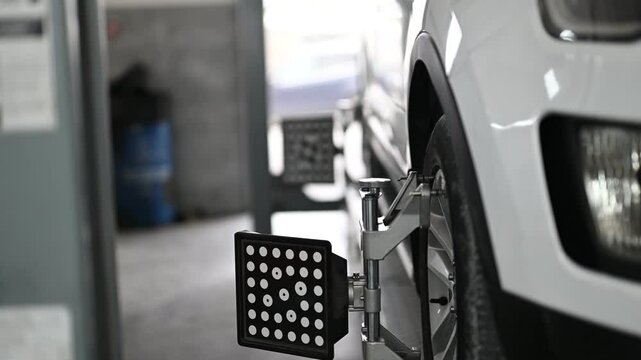 Close-up shot of a car wheel alignment machine attached to a vehicle's tire in a professional automotive repair shop.