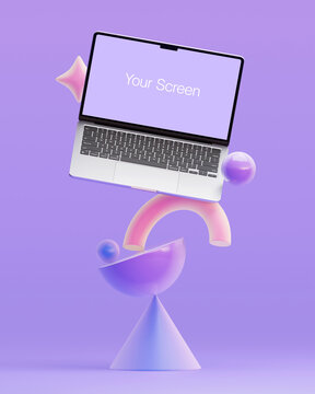 Stylish Laptop Mockup with Modern 3D Colorful Aesthetic Geometric Objects