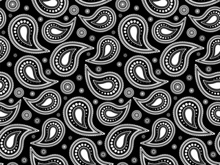 Stylish black and white paisley pattern.  Perfect for textiles, apparel, or website backgrounds.  Elegant, intricate design with repeating motif. Ideal for adding a touch of classic sophistication.