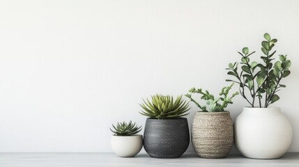 Trendy planters and vintage vases arranged on a simple, minimalist surface, evoking a sophisticated, chic aesthetic for home interiors