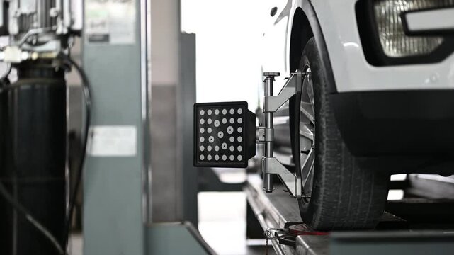 Close-up shot of car wheel alignment process in a modern service station. Vehicle repair with special equipment.