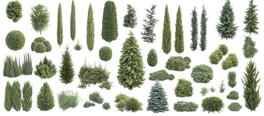 diverse collection of green trees and shrubs isolated on transparency background, showcasing various shapes and sizes ideal for landscaping and design projects