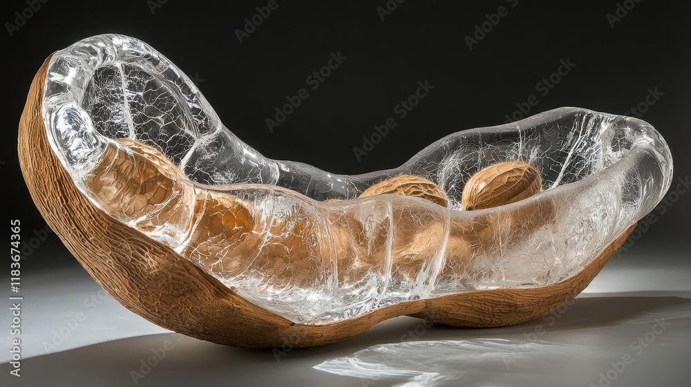 Poster transformative art piece tamarind pod in clear glass display contemporary gallery artistic installat
