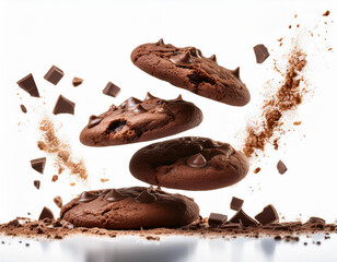 Floating chocolate chip cookies with chunks, highlighted on a white background for a tempting minimalist design.