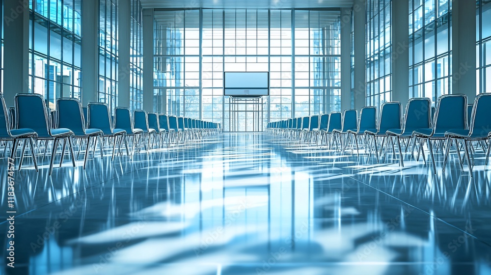 Poster modern, spacious waiting area with rows of blue chairs and large windows.