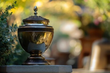 An urn containing ashes sits alone at a somber memorial marking a final goodbye