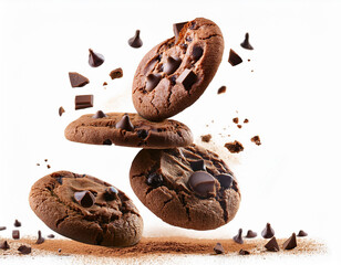 Floating chocolate chip cookies with chunks, highlighted on a white background for a tempting minimalist design.