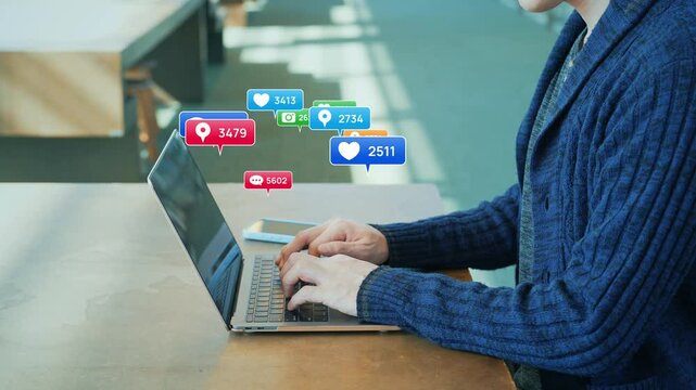 sns, social media, app, marketing, word of mouth, laptop, pc, notification, message, trend, fad, rating, like, spread, buzz, follower, blog, influencer, speech bubble, review, man, business, businessp