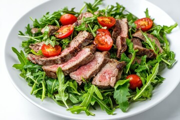 Arugula lamb and tomato salad Nutritious vegan meal Overhead shot on white surface