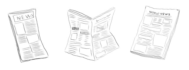 Obraz premium Fresh newspaper hand drawn doodle, latest news, contour drawing, latest publishing. Sketchy news paper stack, local or world news.