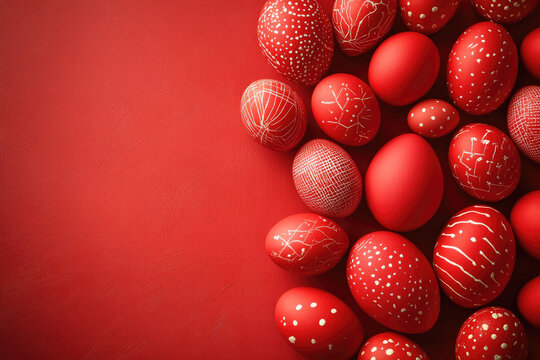 Red Easter eggs with white patterns on a red background