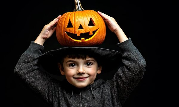 Young boy holding carved pumpkin over his head, smiling