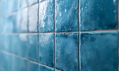 Naklejka premium water droplets on blue wall tile close up, Generative AI
