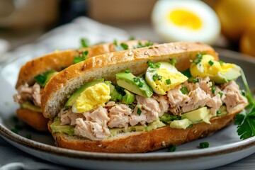 Avocado and boiled egg tuna sandwich on a plate Culinary backdrop Close up