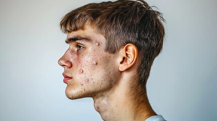 Obraz premium Young man showing skin problems with acne and pimples