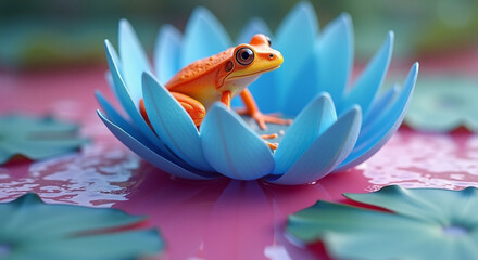 An orange frog sits in a blue lotus flower in the middle of a pink lake, bright colors, hyperrealism, professional photo