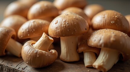 Close-up of fresh brown mushrooms sprinkled with salt on a wooden surface. Rustic food photography concept