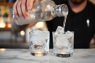 bartender serving two vodka shots with ice
