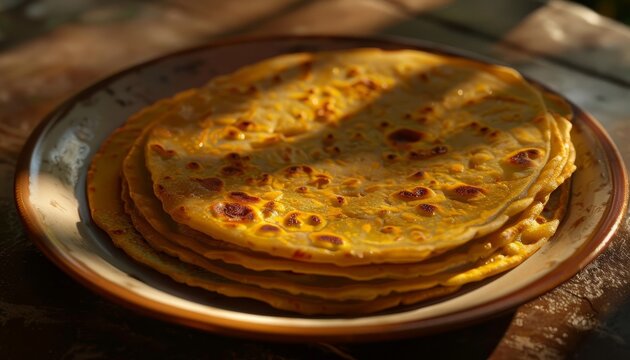 A stack of golden brown flatbreads on a plate.