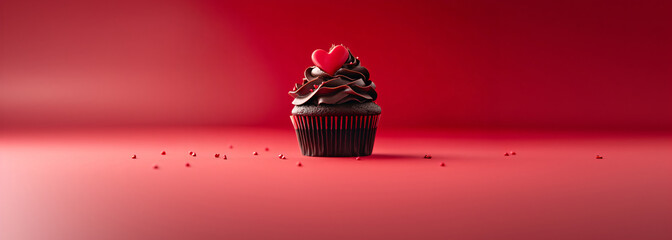 Chocolate cupcake muffin with a red heart on a red background. Banner template for love, sweets, backdrop, and cards for party, birthday and Valentine's day with place for text.