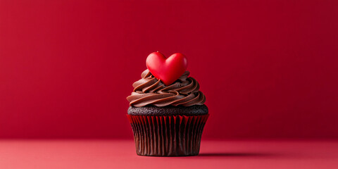 Chocolate cupcake muffin with a red heart on a red background. Banner template for love, sweets, backdrop, and cards for party, birthday and Valentine's day with place for text.
