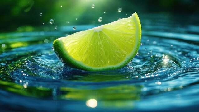 Lime slice rides sparkling wave of water surrounded by droplets, symbolizing vibrant coolness and summer refreshment