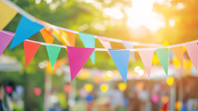 Bright and colorful triangular flags hanging outdoors during a festive celebration on a sunny day