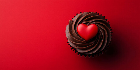 Chocolate cupcake muffin with a red heart on a red background. Banner template for love, sweets, backdrop, and cards for party, birthday and Valentine's day with place for text.