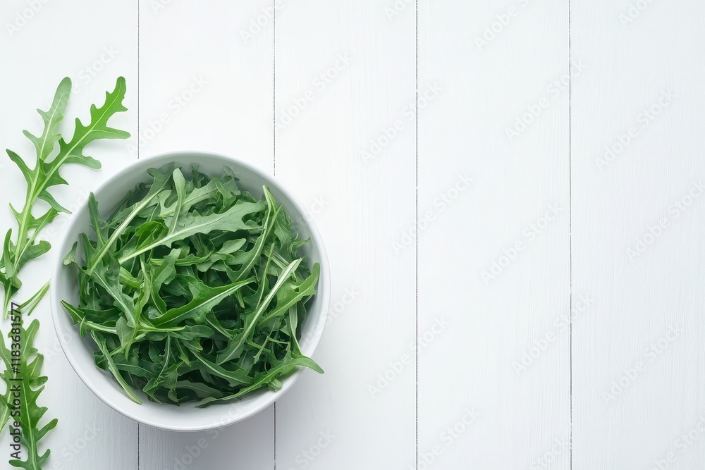 Canvas Prints Bowl of fresh arugula on a white wooden table viewed from above