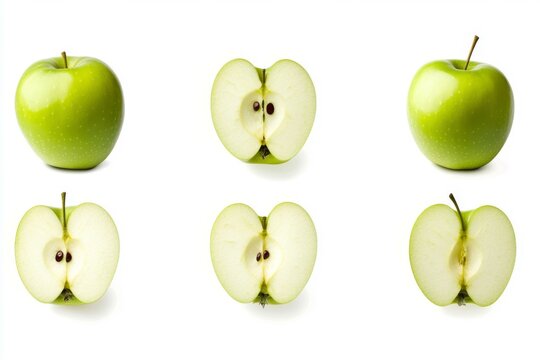 Green apple isolate. Apples on white background. Whole, half, slice green apple set with clipping path.