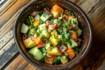 Bowl of fruit salad on wood viewed from above vegetarian dish idea
