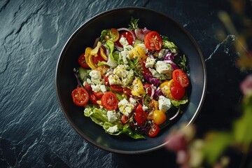 Bowl of Greek salad on a black stone table seen from above