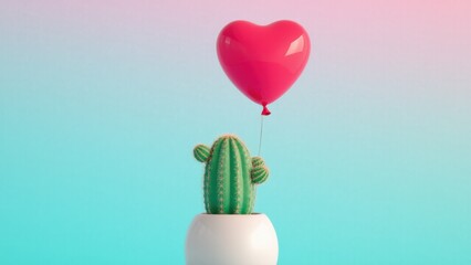 Vibrant cactus with soft spikes holds a shiny heart-shaped balloon in a sleek pot. Set against a pastel gradient, it symbolizes playfulness and balance