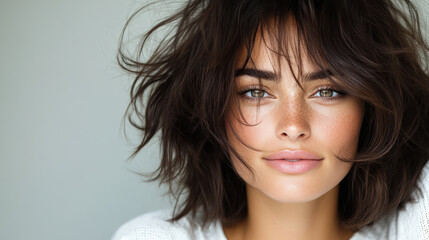 Naklejka premium radiant woman with tousled hair and captivating green eyes