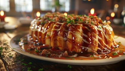 Fototapeta premium Close-up of a savory baked dish topped with bacon and a sweet sauce, with candles in the background.