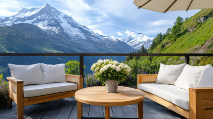 Fototapeta premium serene Swiss cafe terrace with stunning mountain views and cozy seating